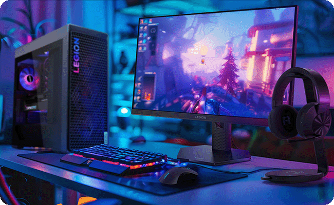 Une scène de bureau avec le moniteur Legion-27q-11, la souris de jeu et le clavier, prête pour les tâches de jeu ou de productivité