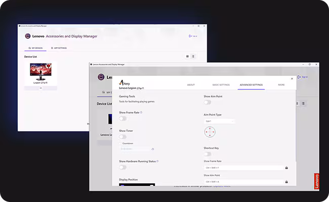 Capture d'écran de l'interface utilisateur des logiciels Legion Space et Lenovo Artery.