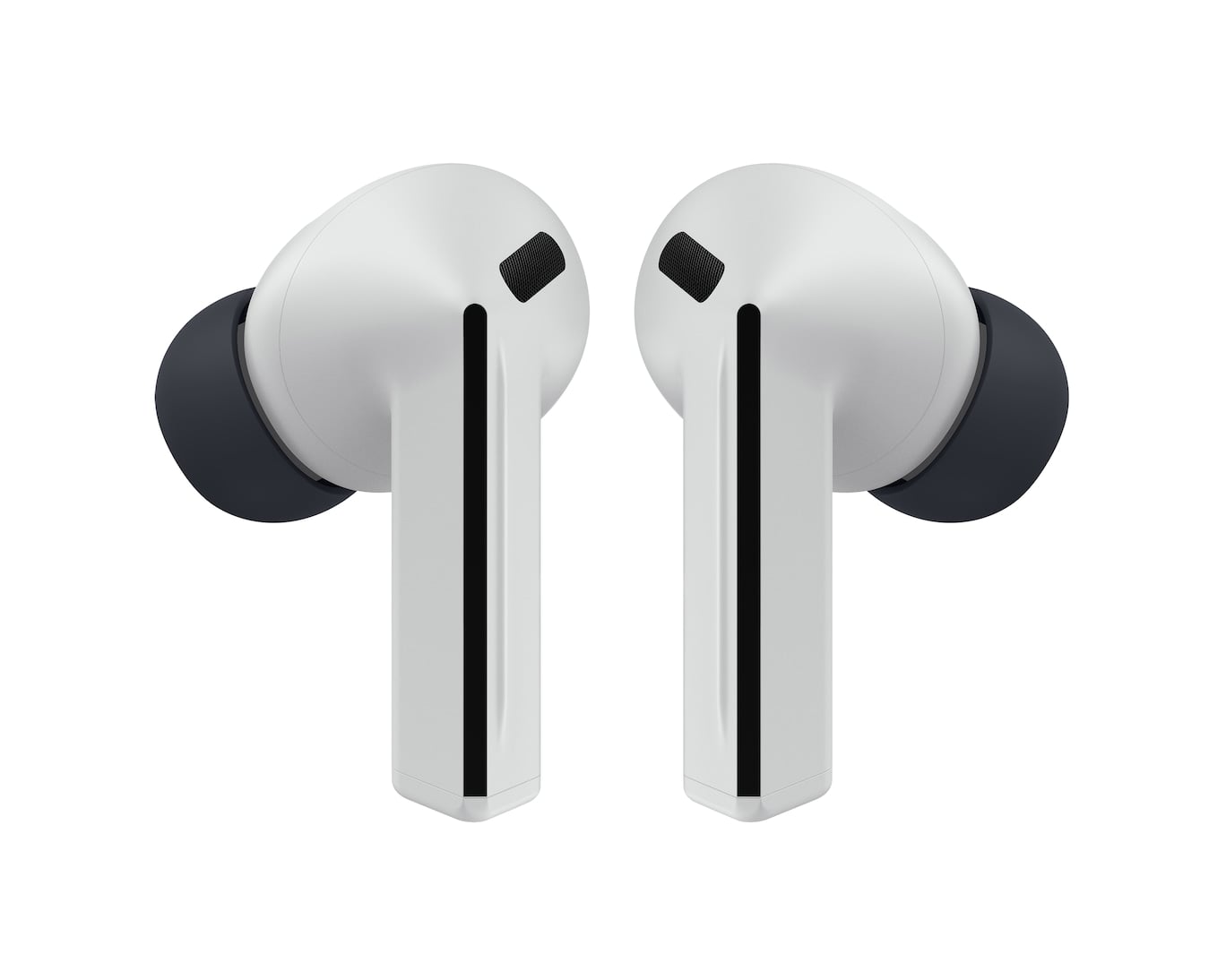 Écouteurs sans fil Samsung Galaxy Buds3 FE blancs brillants avec embouts noirs et accents contrastés