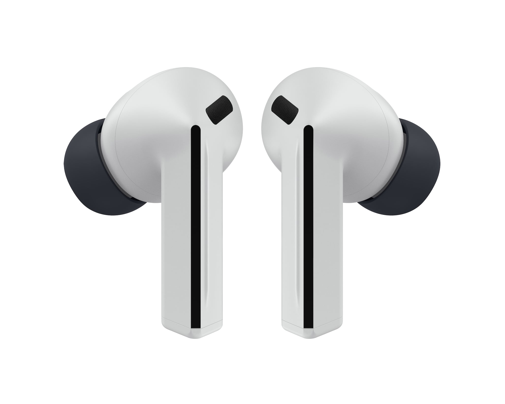 Écouteurs sans fil Samsung Galaxy Buds3 FE blancs brillants avec embouts noirs et accents contrastés