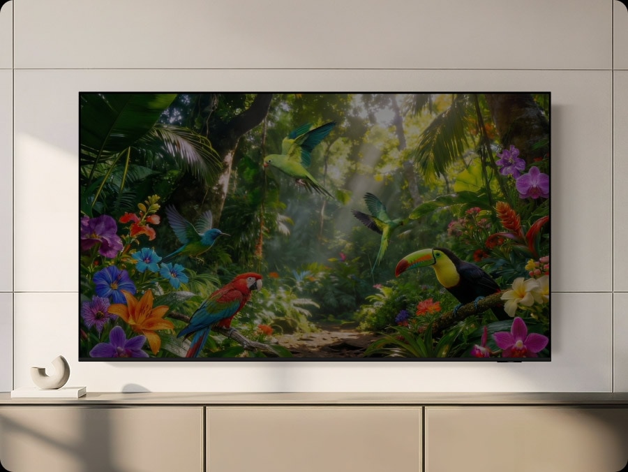 Un téléviseur Samsung affiche une scène de jungle. L’image semble un peu terne jusqu’à ce que plusieurs points soient détectés, puis améliorés grâce à Color Booster. Le résultat est une image incroyablement vibrante, avec toutes les couleurs des fleurs et des oiseaux qui se démarquent clairement.