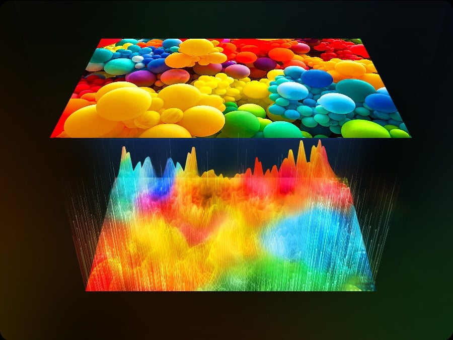 L’image d’une visualisation 3D vibrante apparaît saisissante et dynamique, rehaussée par des couleurs vives et des textures complexes.
