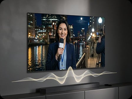 Un téléviseur Samsung affiche un journal télévisé en direct la nuit, avec des ondes sonores visuelles en bas illustrant le réglage de la clarté audio par l’Adaptive Sound pour correspondre à la scène.