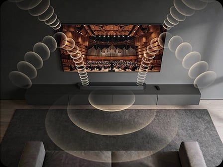 Un téléviseur Samsung et une barre de son diffusent une scène de concert, avec des ondes sonores superposées illustrant la synchronisation des haut-parleurs par Q-Symphony pour un son plus riche.