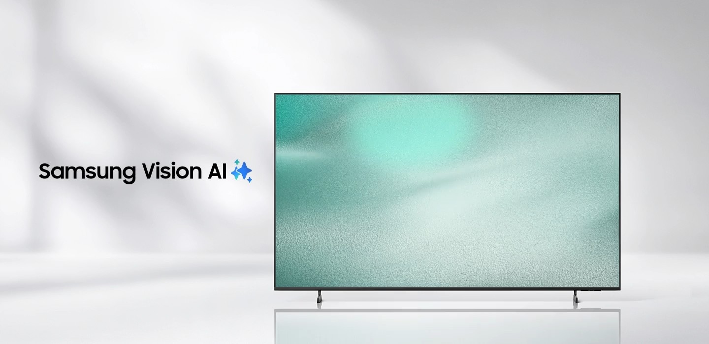 Un téléviseur Samsung se trouve dans un espace épuré et minimaliste, diffusant des visuels abstraits bleus et verts aux formes fluides. Logo Samsung Vision AI.