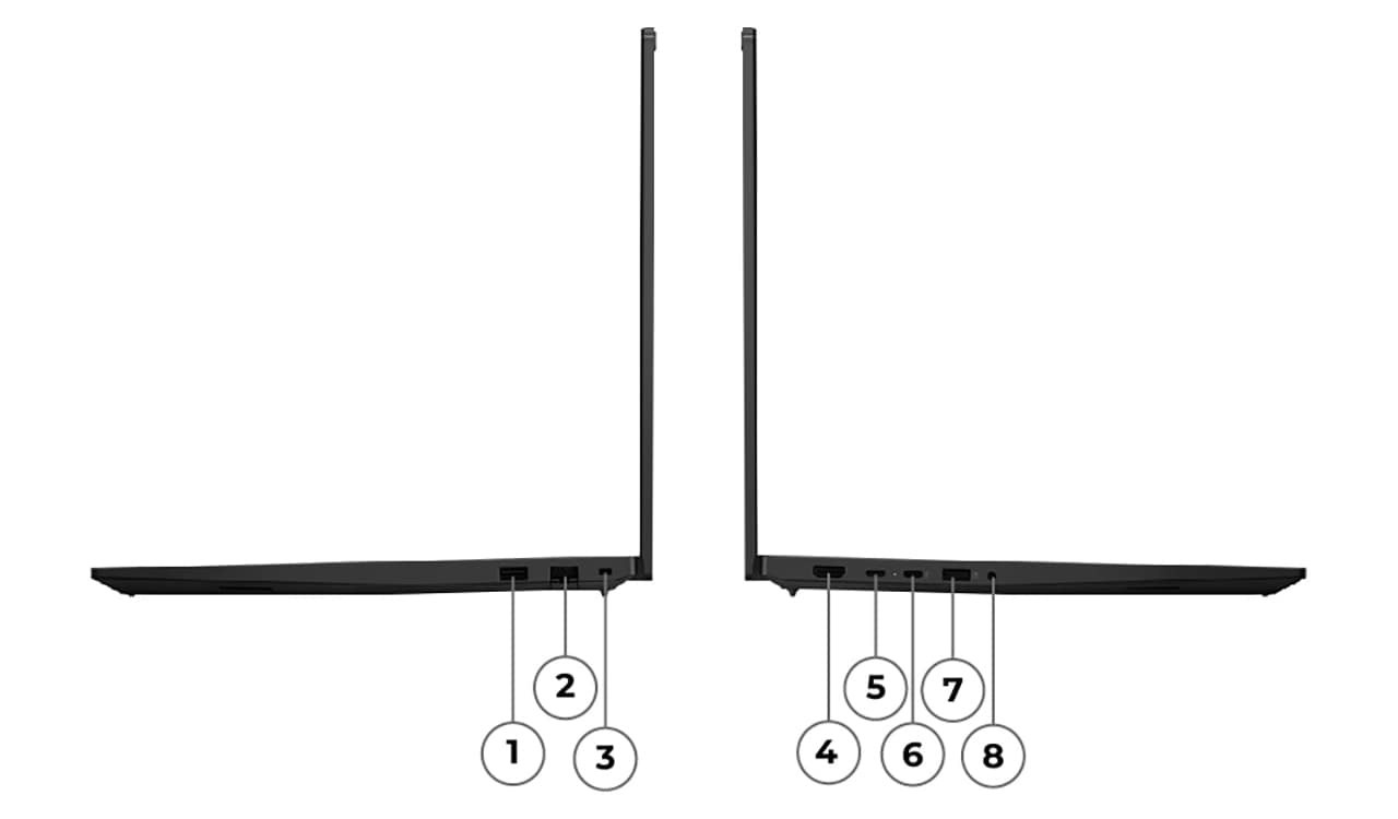Right & left side profile views of Lenovo ThinkPad E16 Gen 3 (16&rdquo; Intel) laptop with its ports labelled from 1 to 3 & 4 to 8 respectively.
