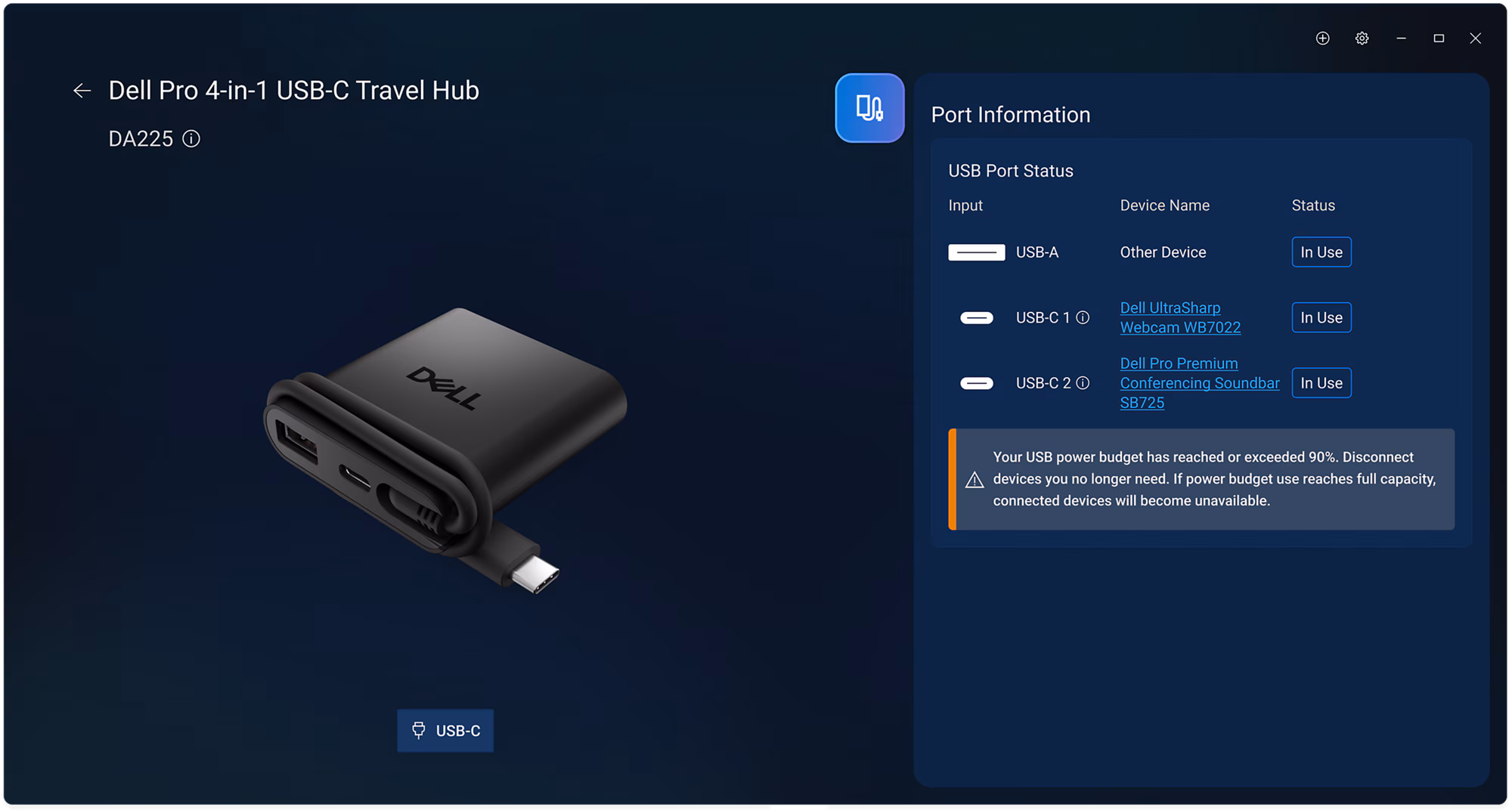 L’interface utilisateur Dell Display and Peripheral Manager affiche le logiciel de configuration de l’adaptateur de voyage 4-en-1 Dell Pro.