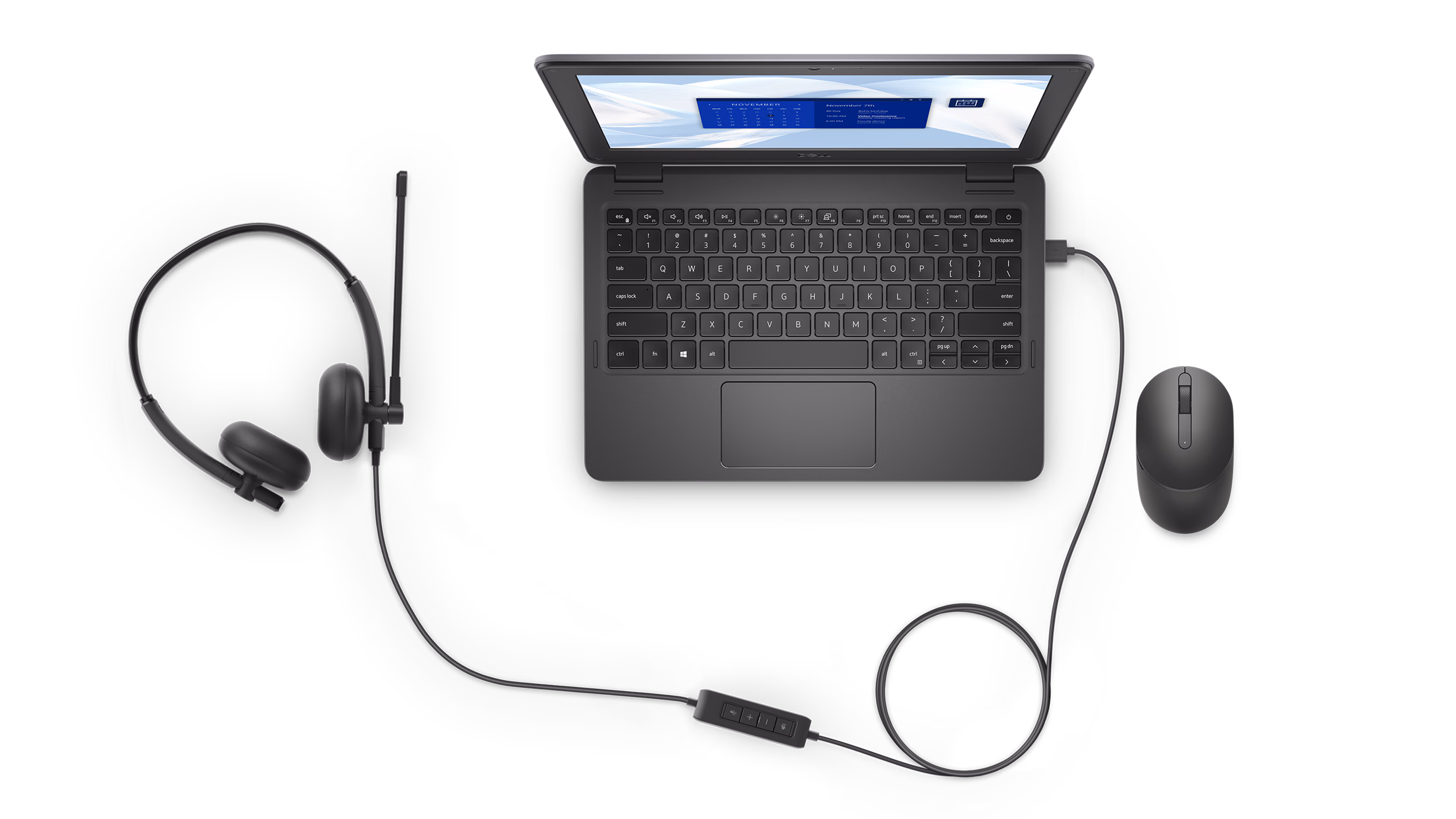 Image d’un écosystème composé du casque filaire Dell, d’un ordinateur portable Dell et d’une souris.
