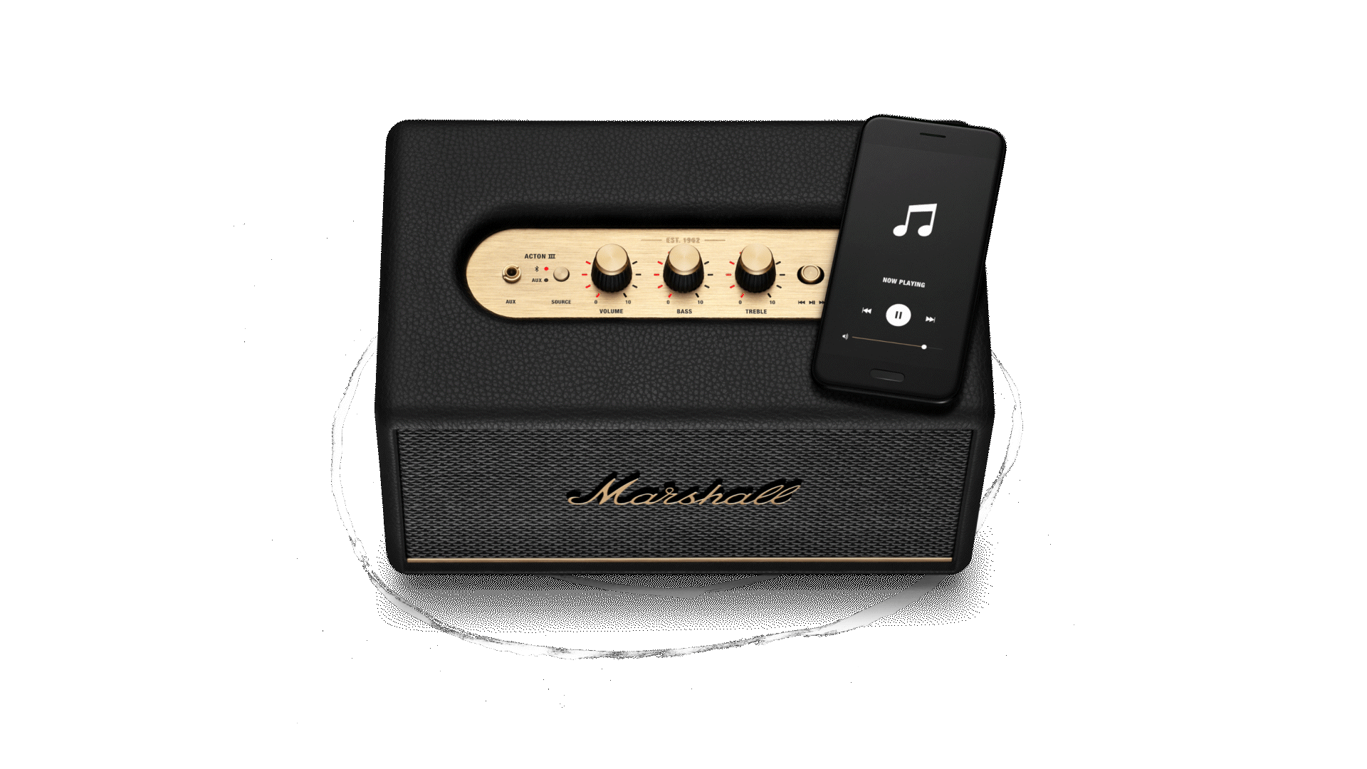 Black Acton III Bluetooth home speaker connected to the Marshall Bluetooth app
