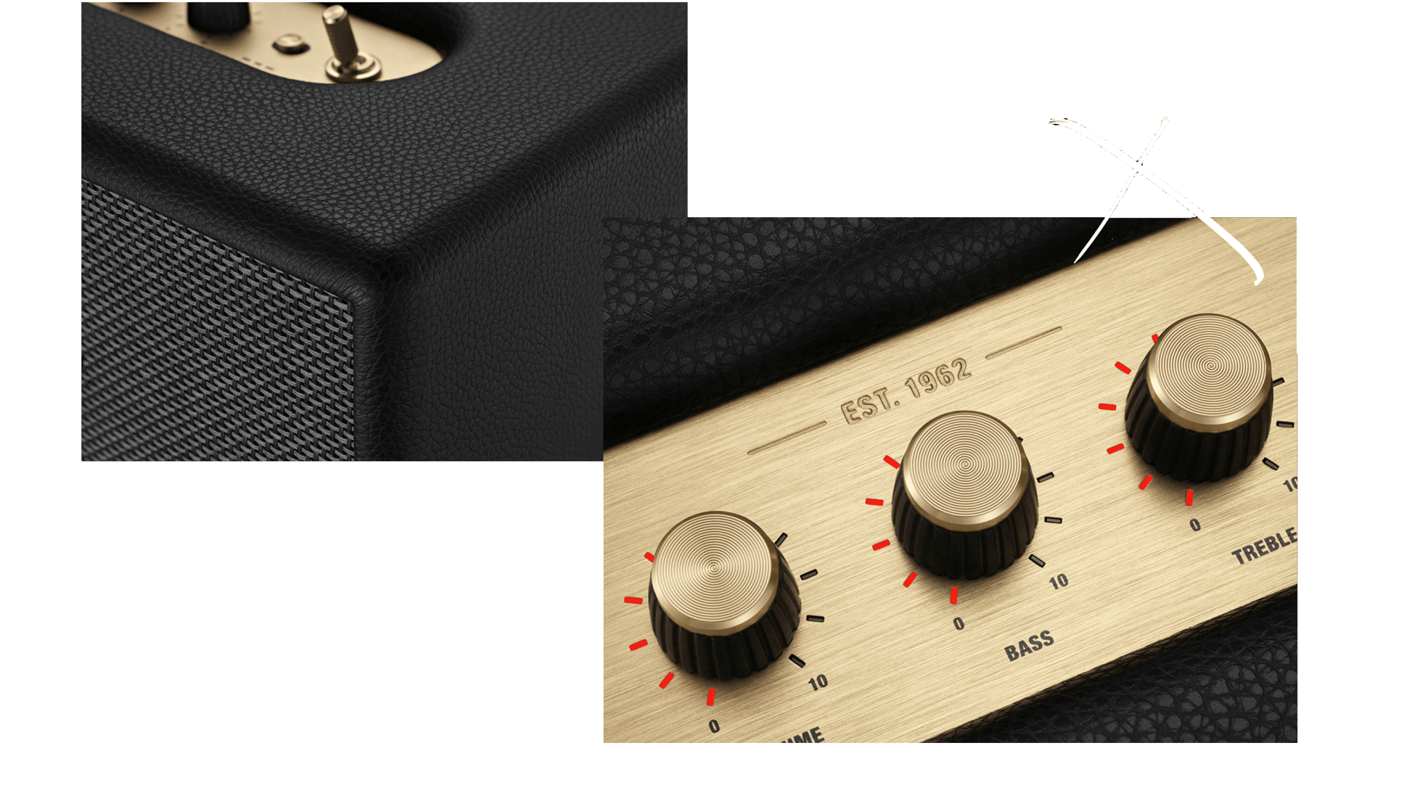 A Marshall Acton III Bluetooth home speaker in black and gold, featuring its gold knobs.