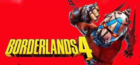 Logo de Borderlands 4 avec un fond rouge, mettant en vedette un personnage robotique tenant une grenade et le titre du jeu en lettres jaunes grasses.