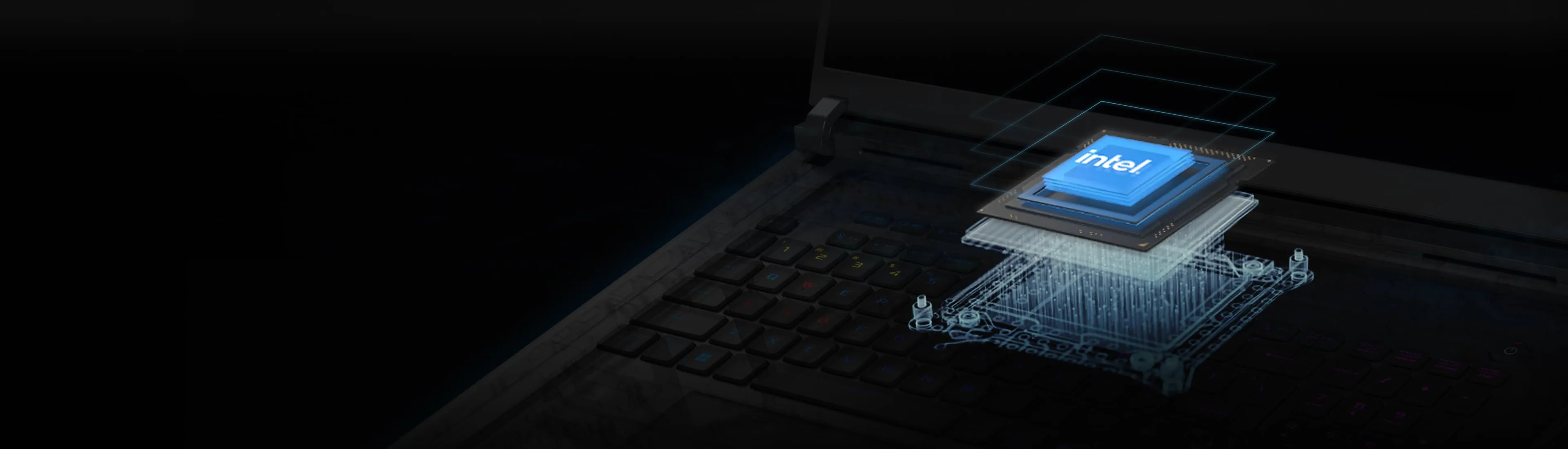 Un processeur Intel apparaissant sous le clavier d'un ordinateur portable.