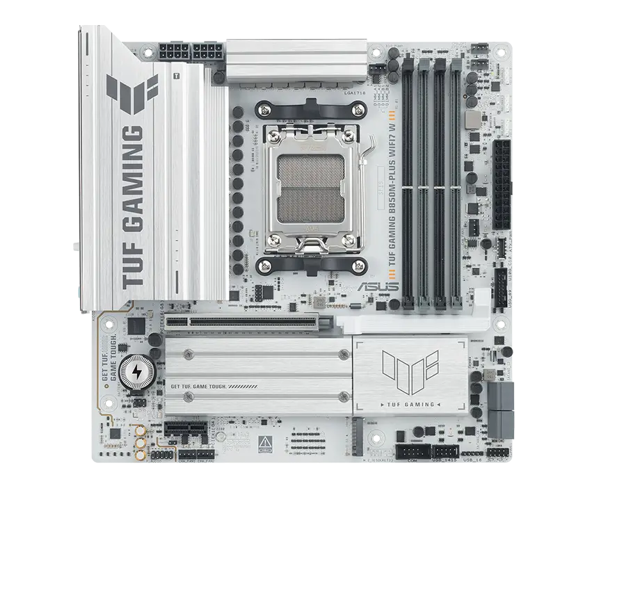 TUF Gaming motherboard front view, with Aura lighting