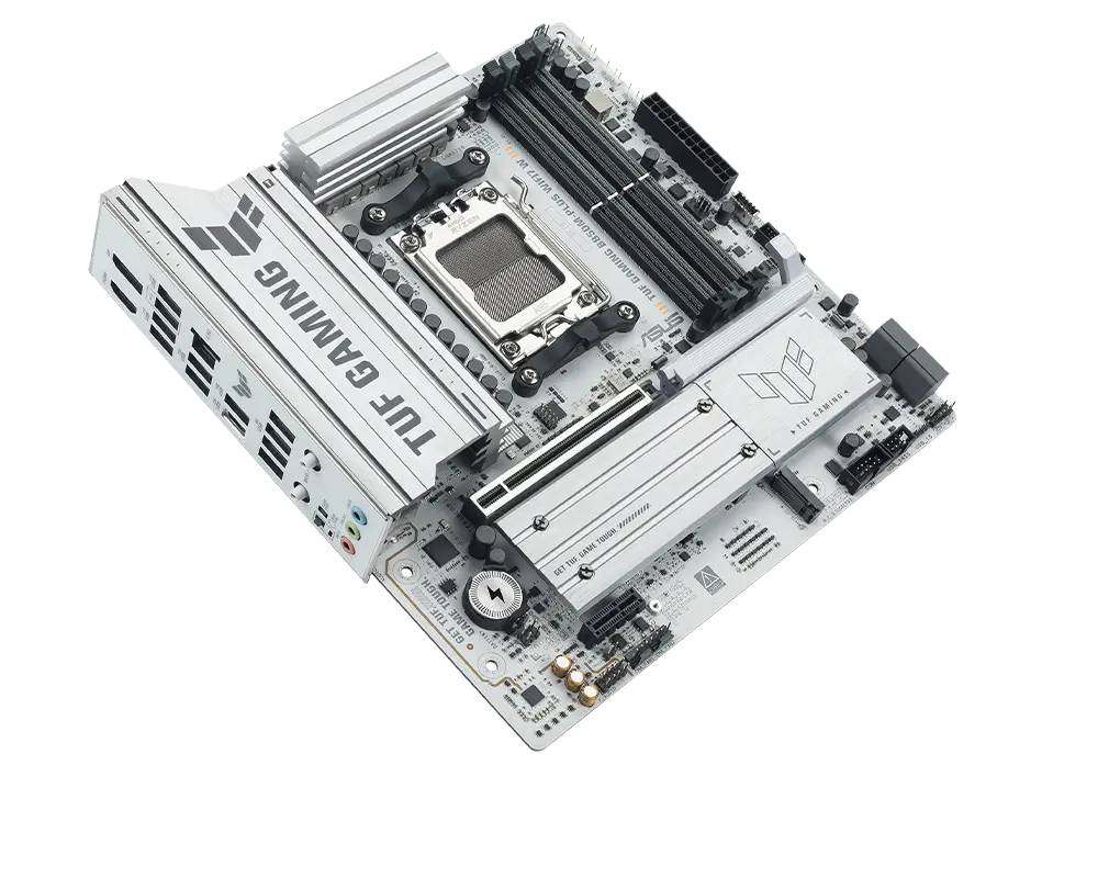 TUF Gaming motherboard front view, 45 degrees