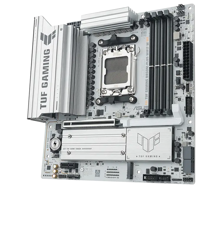 TUF Gaming motherboard front view, 60 degrees, with Aura lighting