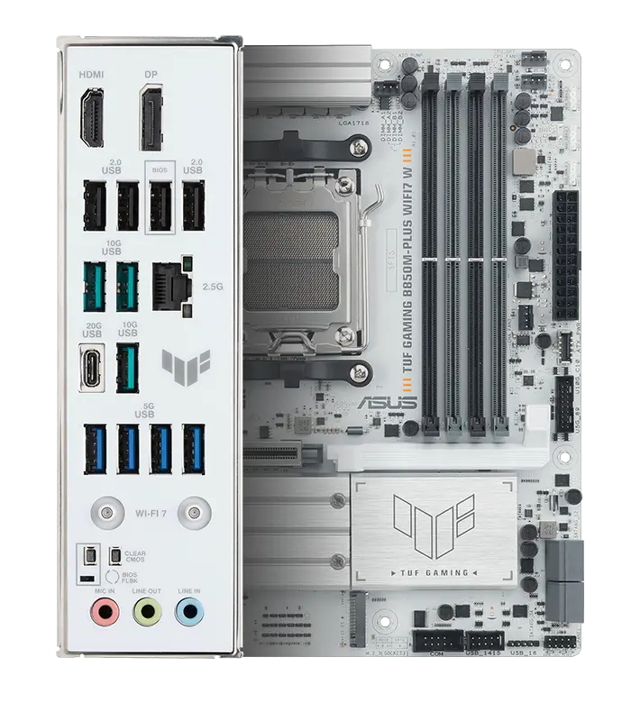 TUF Gaming motherboard front view, with Aura lighting, and I/O shield