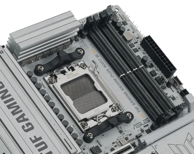 Close-up of TUF GAMING B850M-PLUS WIFI7 W showing DDR5 memory slots with a label indicating support for DDR5 modules up to 8000+ MT/s (OC).