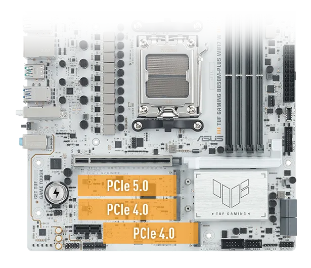 TUF GAMING B850M-PLUS WIFI7 W with two highlighted PCIe slots labeled PCIe 5.0 and one labeled PCIe 4.0. The slots are emphasized in orange.