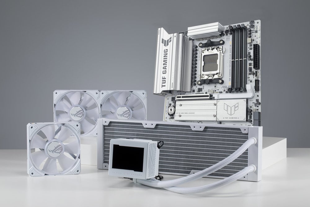 TUF GAMING B850M-PLUS WIFI7 W motherboard standing upright next to a compatible ASUS AIO cooler, illustrating cooler compatibility for high-performance gaming builds.