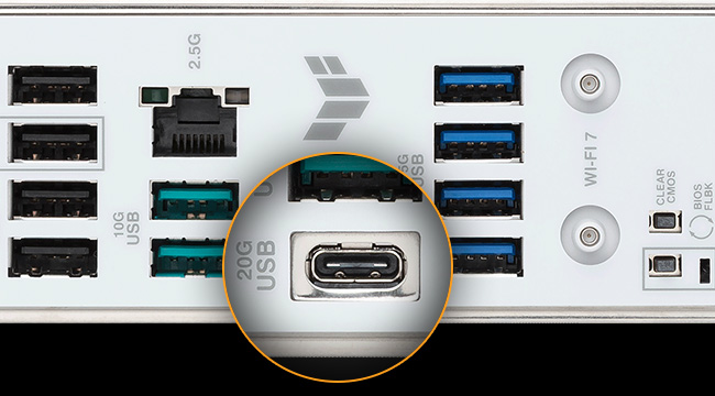 Rear I/O panel of TUF GAMING B850M-PLUS WIFI7 W motherboard with a magnified inset highlighting a USB 20Gbps Type-C port among other ports, showing support for high-speed connections.