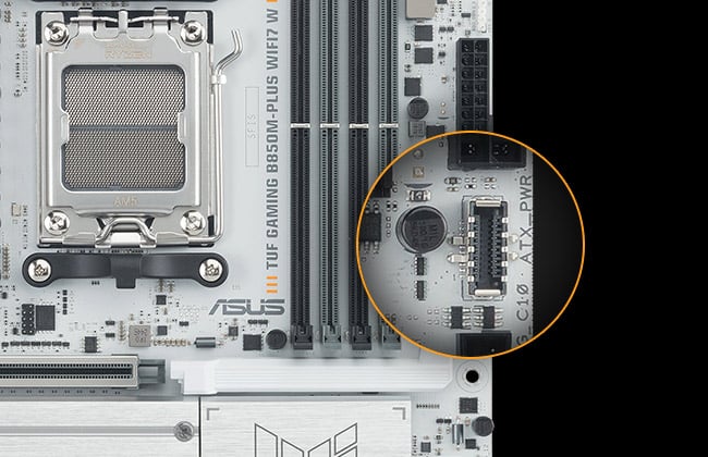 TUF GAMING B850M-PLUS WIFI7 W motherboard with a magnified inset highlighting a front panel USB 10Gbps Type-C port, showing support for high-speed connections.