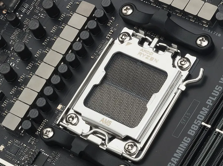 Close-up of an AM5 CPU socket on TUF GAMING B850M-PLUS WIFI7.