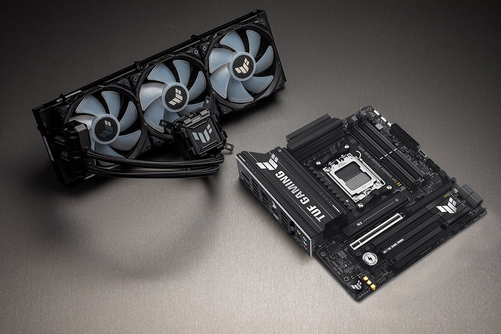 TUF GAMING B850M-PLUS WIFI7 motherboard standing upright next to a compatible ASUS AIO cooler, illustrating cooler compatibility for high-performance gaming builds.
