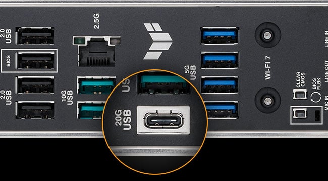 Rear I/O panel of TUF GAMING B850M-PLUS WIFI7 motherboard with a magnified inset highlighting a USB 20Gbps Type-C port among other ports, showing support for high-speed connections.