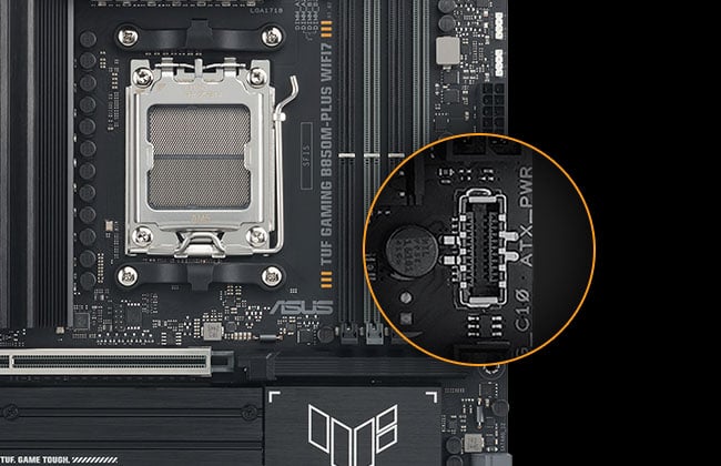 TUF GAMING B850M-PLUS WIFI7 motherboard with a magnified inset highlighting a front panel USB 10Gbps Type-C port, showing support for high-speed connections.