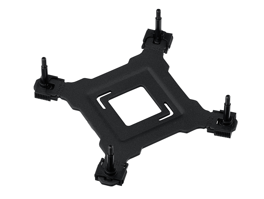 A heavy-duty X-shaped metal backplate with a matte black finish, featuring a thick, reinforced structural design and four precision-aligned screw holes for secure motherboard mounting.