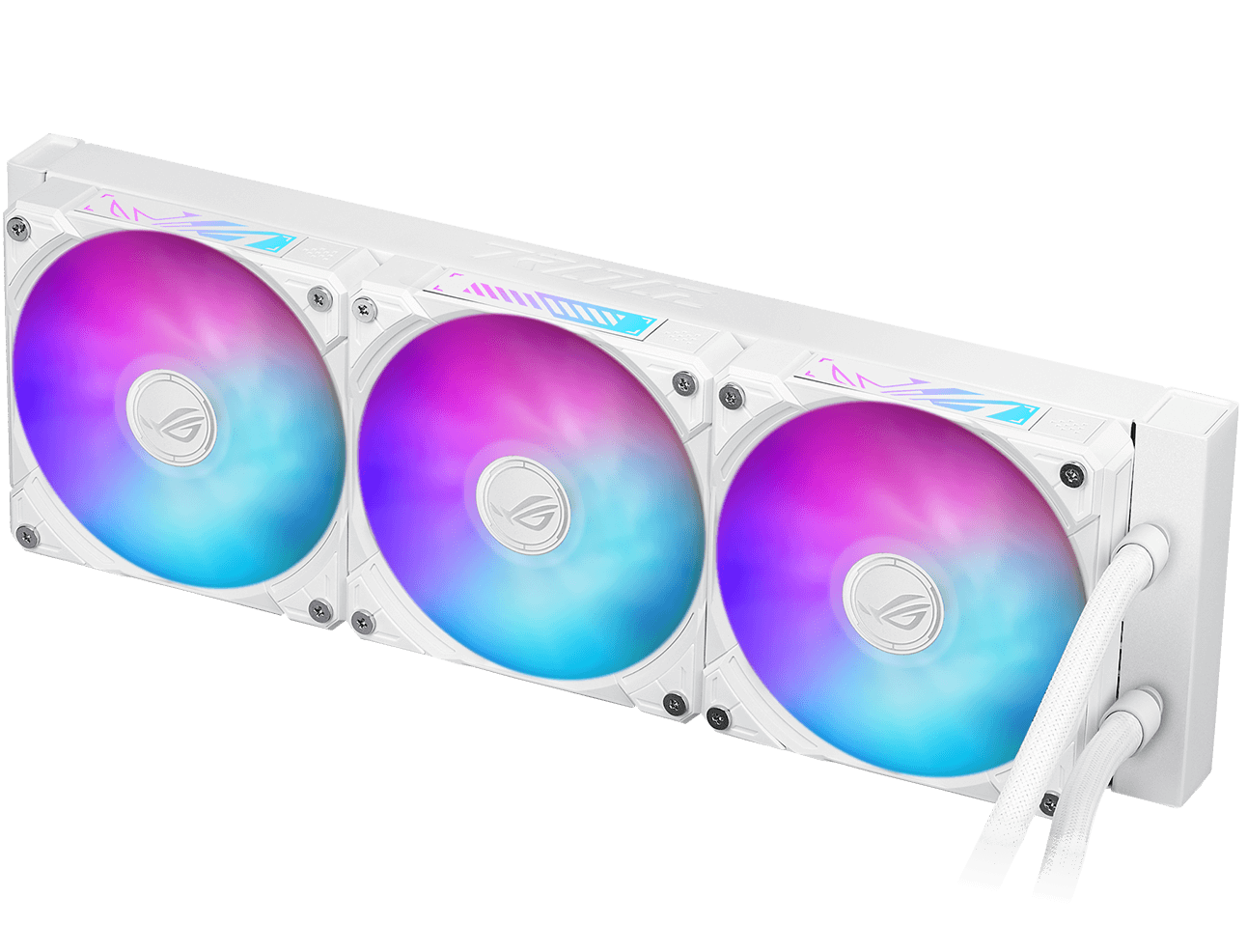 Three ARGB fans mounted on a liquid cooling radiator, showcasing customizable colorful lighting and a premium metallic texture.
