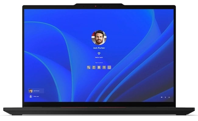 Vue avant au niveau des yeux de l&rsquo;ordinateur portable Lenovo ThinkPad&nbsp;T14s Gen&nbsp;6 avec l&rsquo;&eacute;cran ouvert