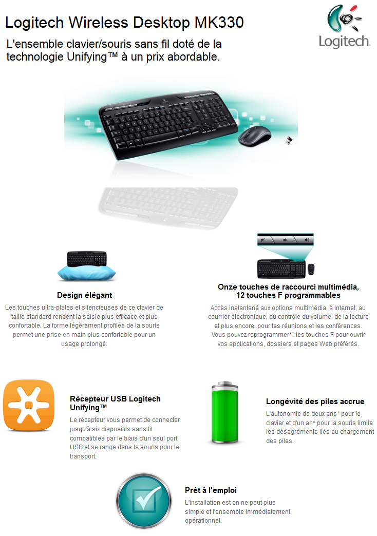 Acheter Clavier et souris Logitech Wireless Desktop MK330 maroc