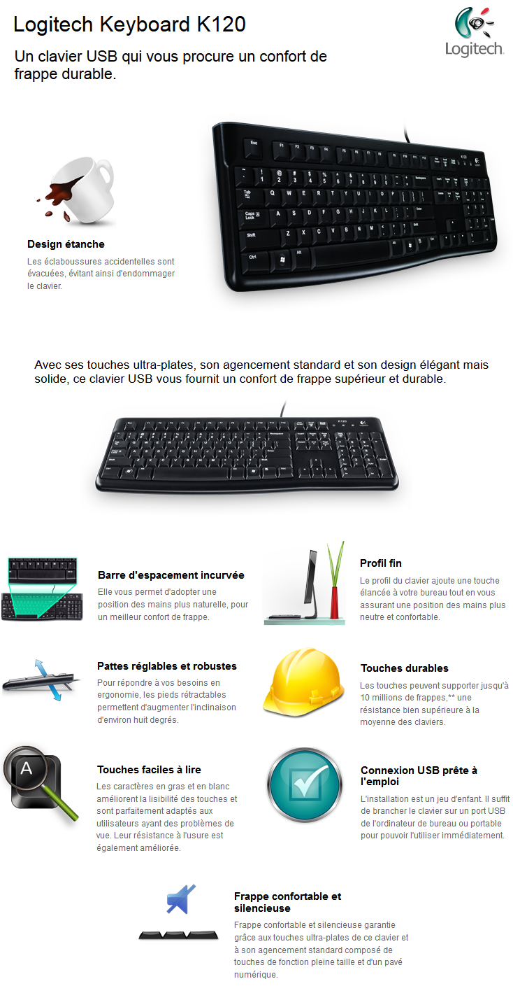 Acheter Clavier à connexion USB Logitech K120 - AZERTY maroc
