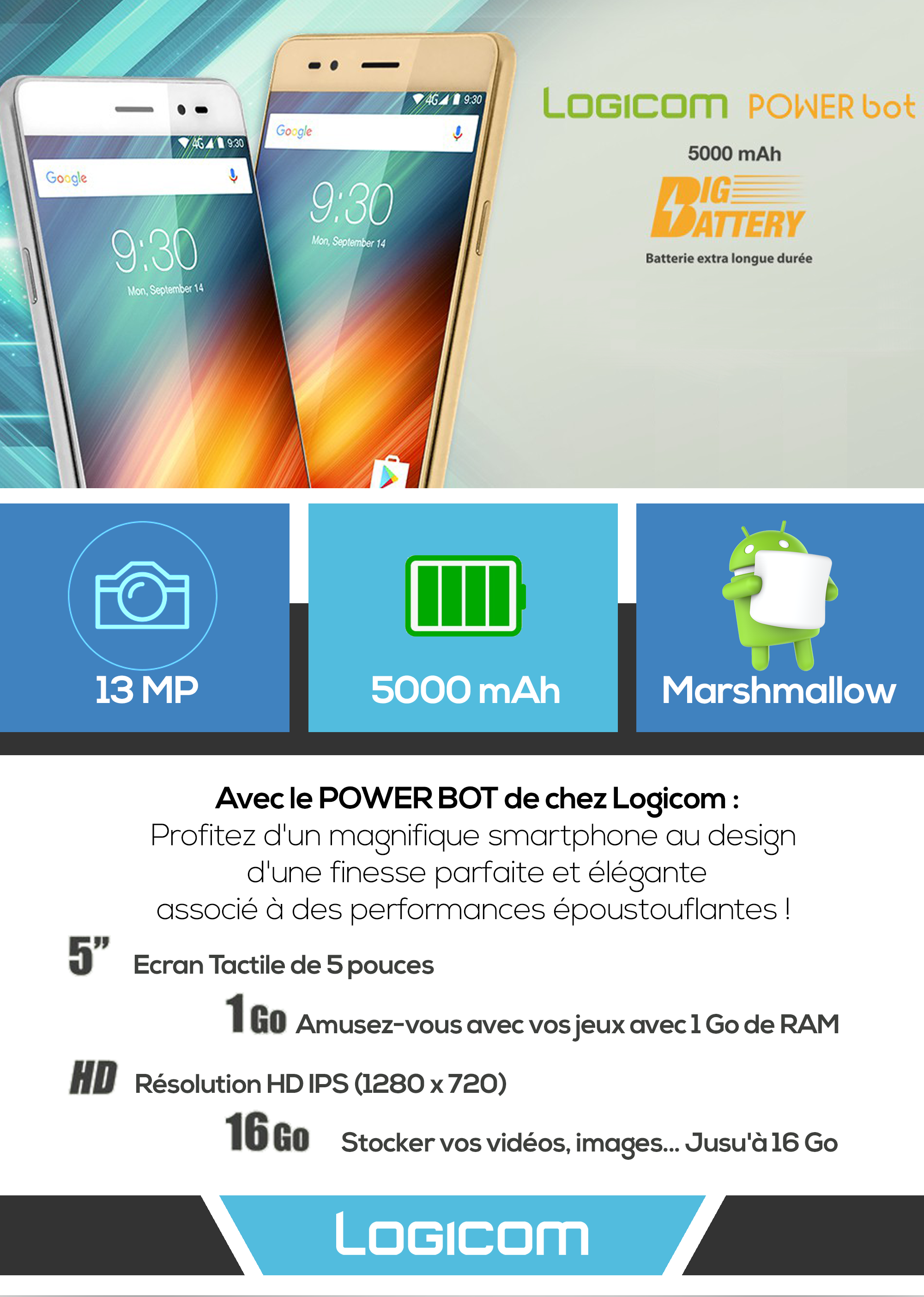 Acheter Smartphone Logicom Power Bot 4G (5000 mAh) 5" 16 Go Maroc