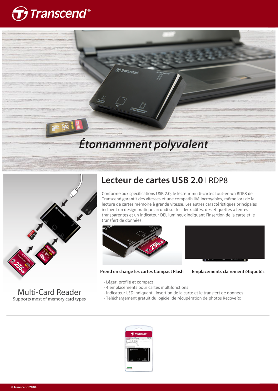 Acheter Lecteur de cartes mémoire Transcend Multi-Card Reader P8 USB 2.0 (TS-RDP8K) Maroc