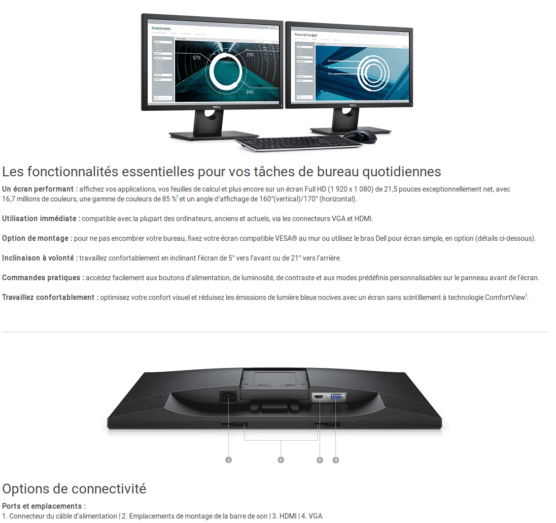 Acheter Écran 21,5" Full HD Dell E2218HN (E2218HN-3Y) Maroc