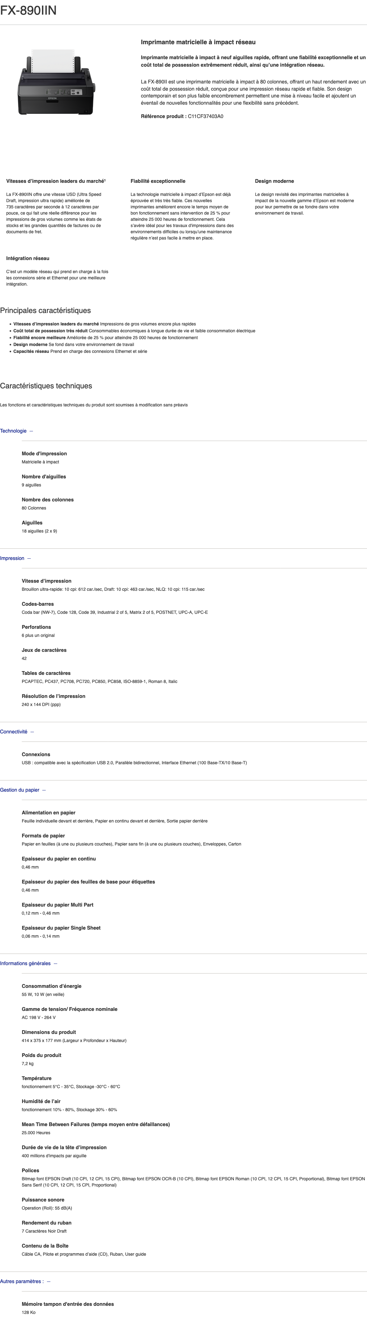 Imprimante matricielle à impact Epson FX890IIN (C11CF37403A0) prix Maroc