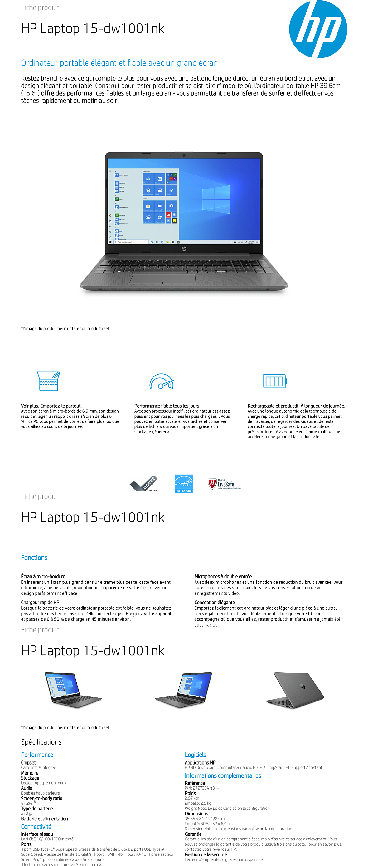 Acheter Ordinateur Portable HP 15-dw1001nk (27Z73EA) Maroc