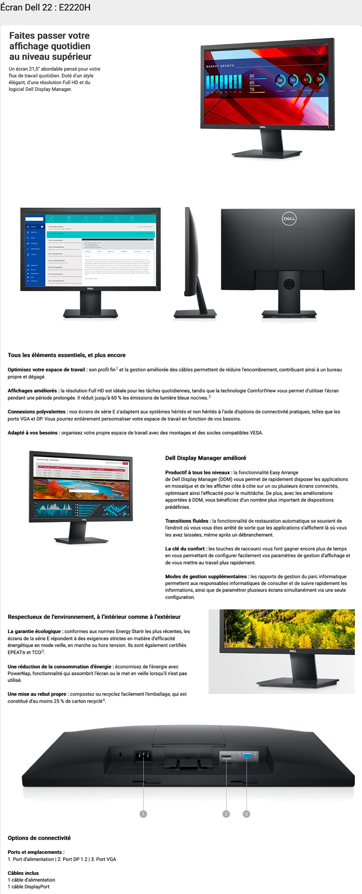 Acheter Écran 21,5" Full HD Dell E2220H - Garantie 3 ans (E2220H-3Y) Maroc