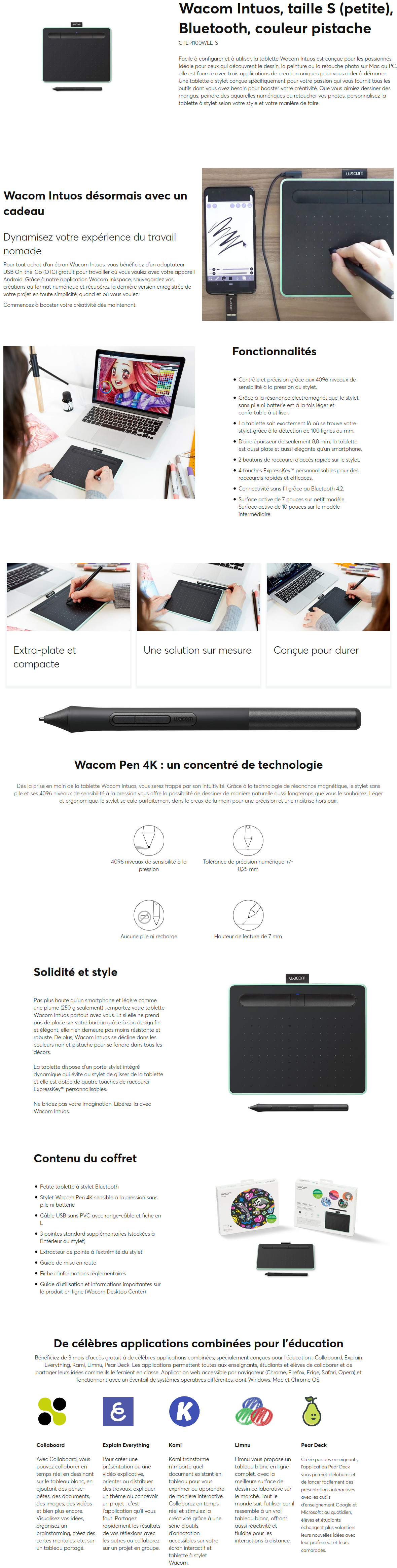 Acheter Tablette graphique Wacom Intuos Petite - USB & Bluetooth - Couleur pistache (CTL-4100WLE-S) Maroc