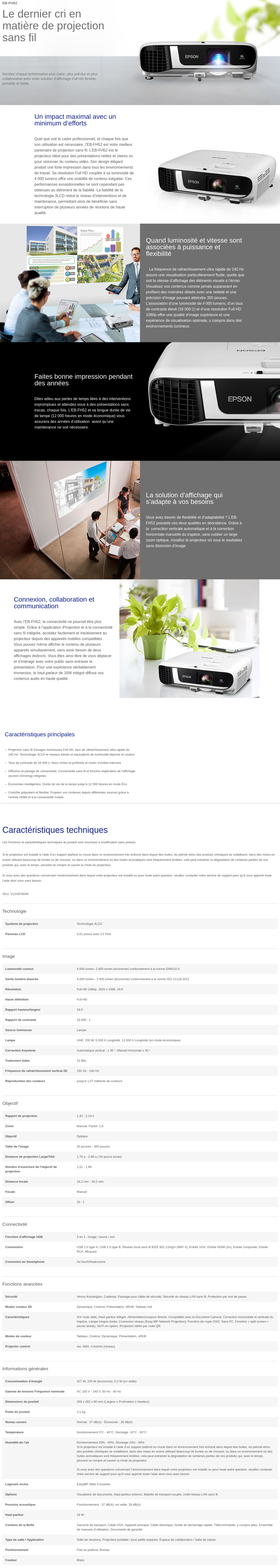 Acheter Epson EB-FH52 Vidéoprojecteur Full HD (1920 x 1080) (V11H978040) Maroc