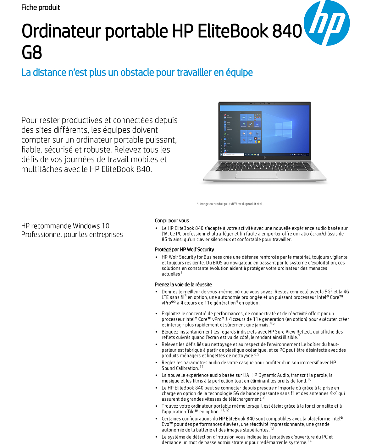 Ordinateur portable professionnel HP EliteBook 840 G8 i5-1135G7 11 eme  Géneration 14 Pouces 8 Go / 256 Go SSD/Windows 10 Pro 64