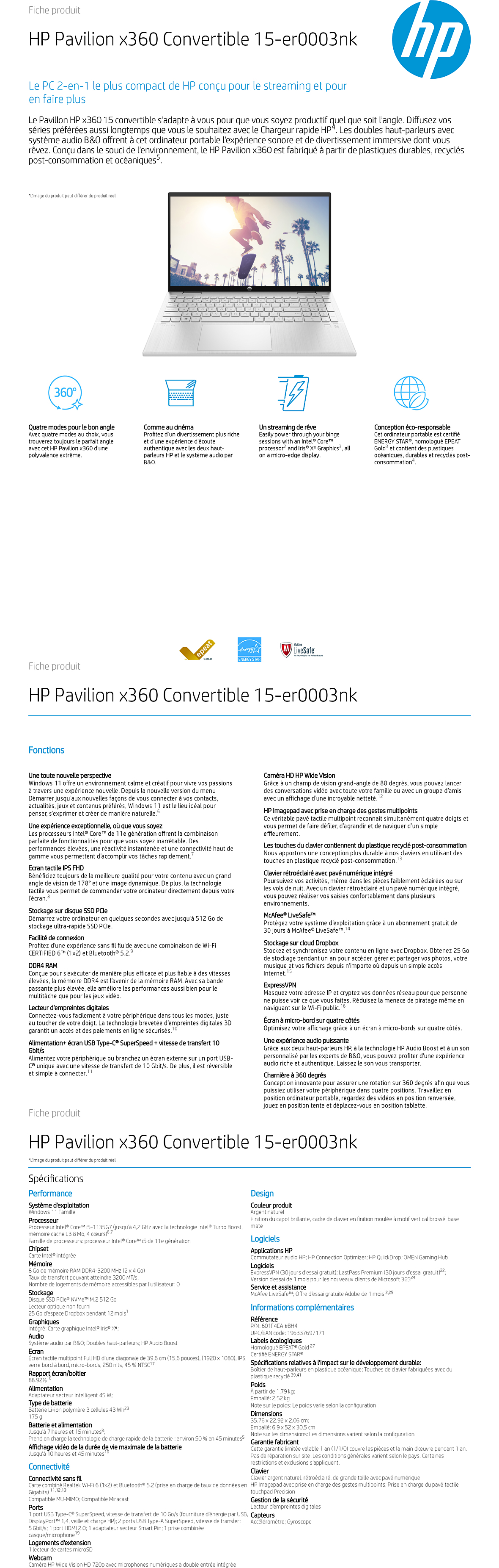 Acheter Ordinateur portable HP Pavilion x360 Convertible 15-er0003nk (601F4EA) Maroc