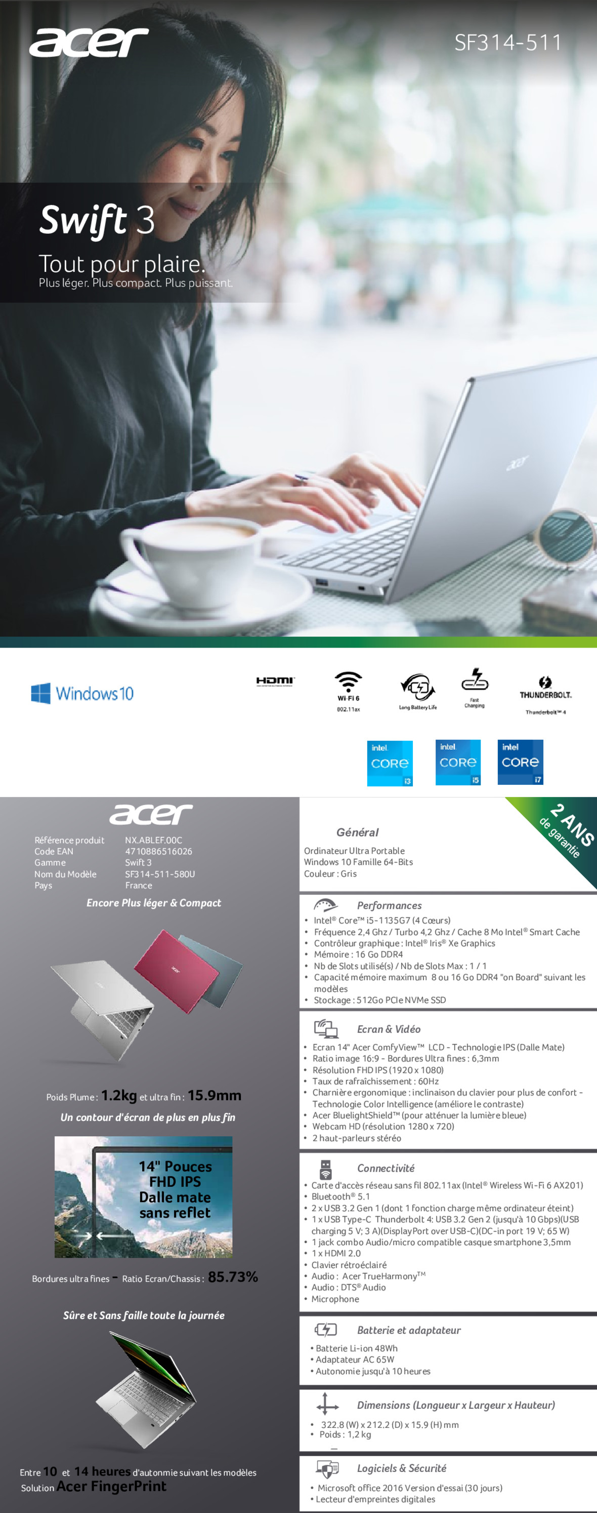 Acheter Ordinateur Portable Acer Swift 3 SF314-59-54XF (NX.ABLEF.00C) Maroc