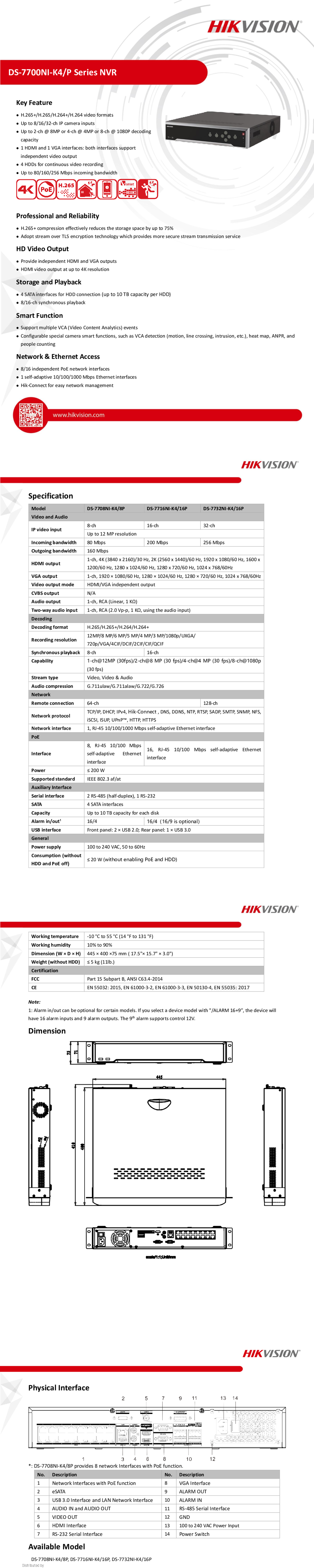 Acheter Enregistreur vidéo NVR Hikvision  | 16 canaux PoE | 4 emplacements disque dur (DS-7716NI-K4) Maroc