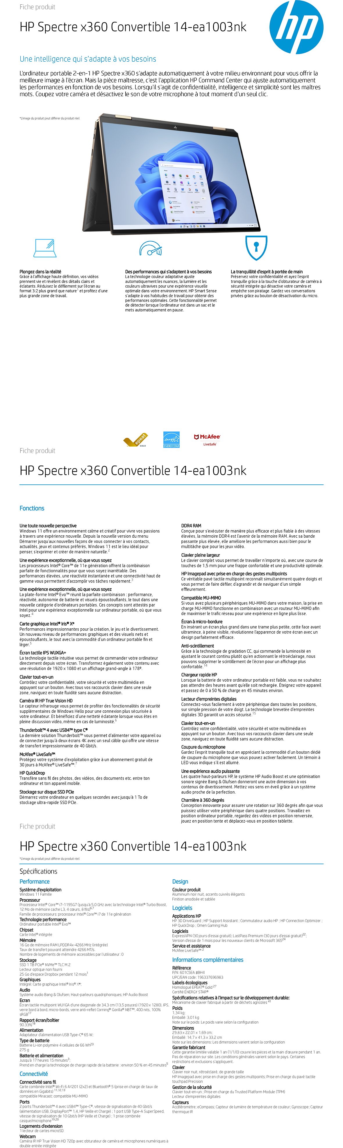 Acheter Ordinateur Portable Convertible HP Spectre x360 14-ea1003nk (601C5EA) Maroc
