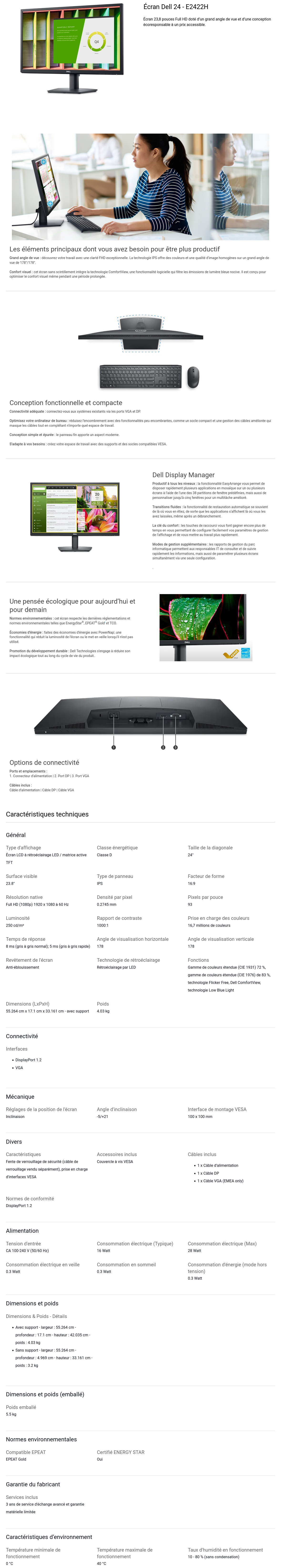 Acheter Écran 23.8" Full HD Dell E2422H (E2422H-3Y) Maroc