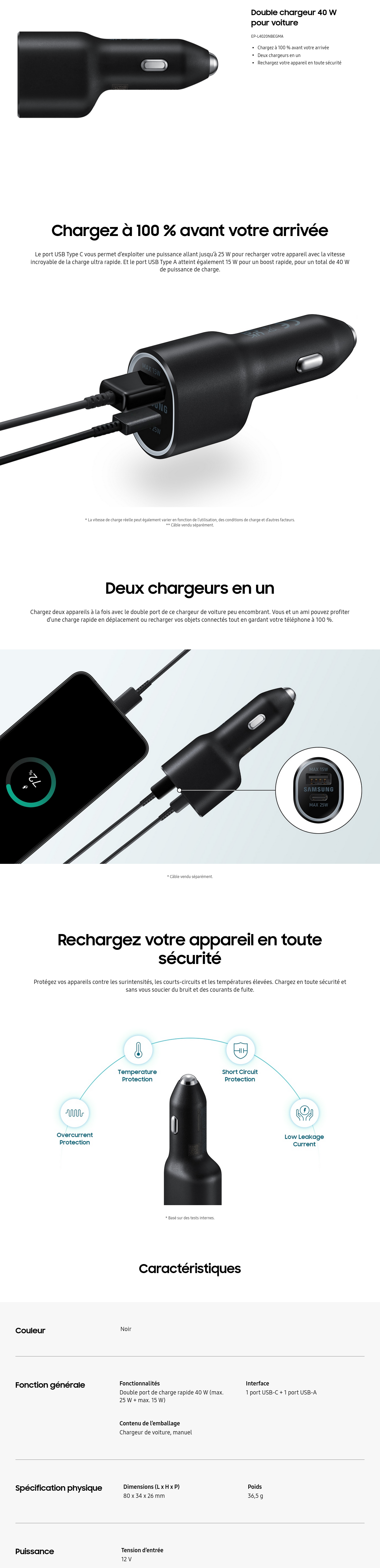 Acheter Double chargeur Samsung 40 W pour voiture (EP-L4020NBEGMA) Maroc