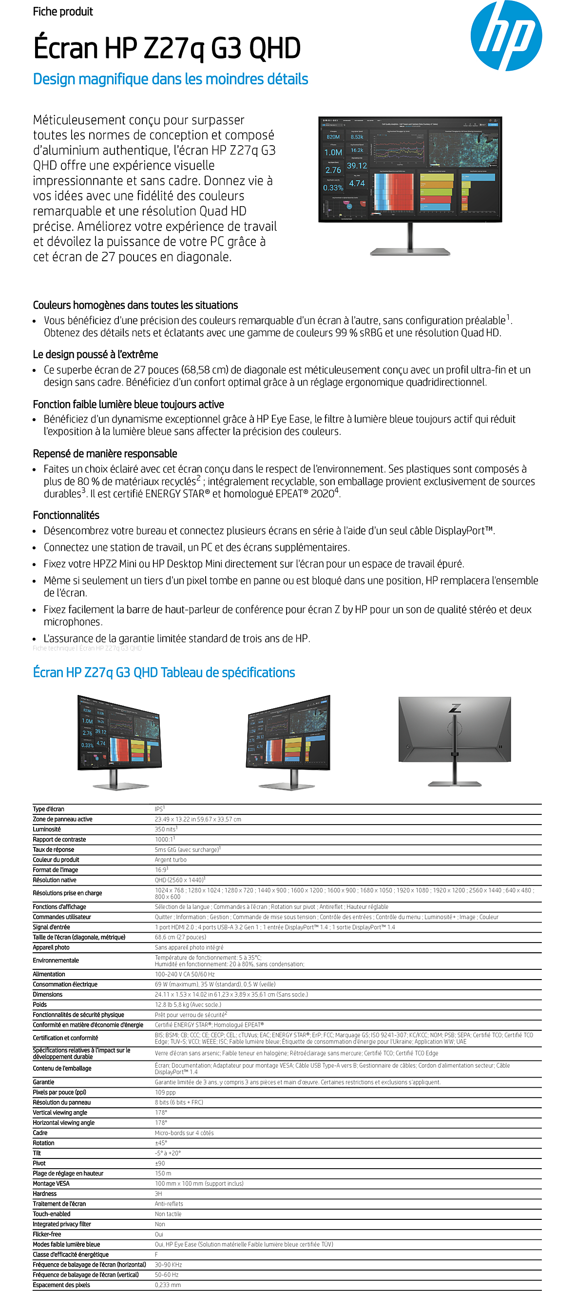 Acheter Écran 27" QHD HP Z27q G3 (1C4Z7AA) Maroc